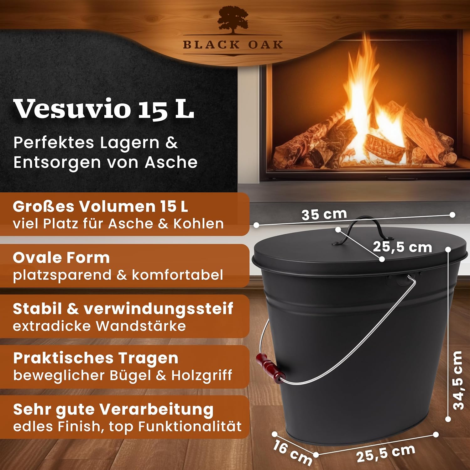 BLACK OAK Asche & Kohle Eimer Vesuvio schwarz 15 Liter von BLACK OAK