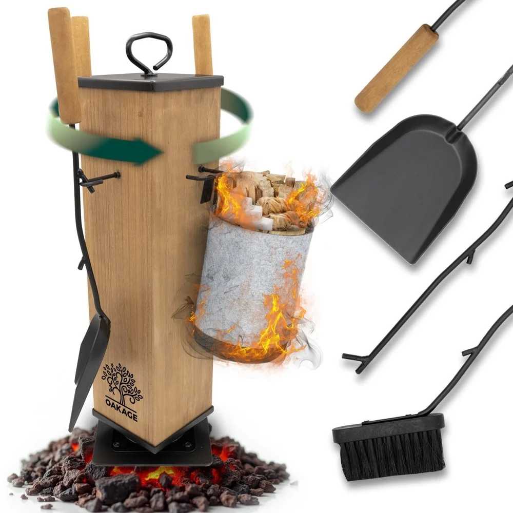 OAKAGE FireMaster Kaminbesteck  5-teilig mit Zündholzkorb Hellgrau und drehbarem Holzkern 20 x 20 x 58 cm