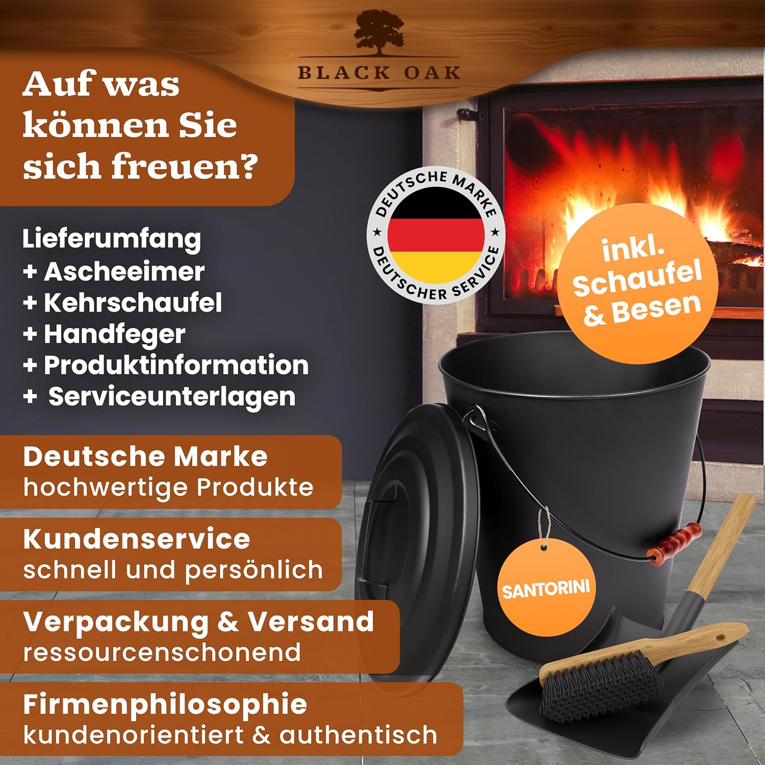 BLACK OAK Asche & Kohle Eimer SANTORINI 25 Liter mit Schaufel & Handfeger von BLACK OAK