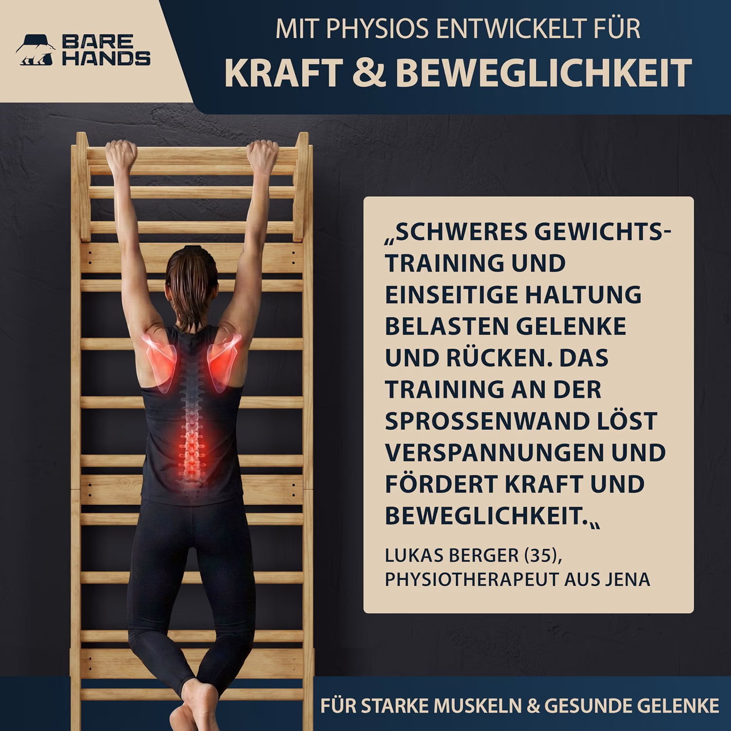 BARE HANDS 3in1 Sprossenwand aus Holz mit Klimmzugstange & Dipstange | Home Gym für Erwachsene & Kinder | bis 200 kg