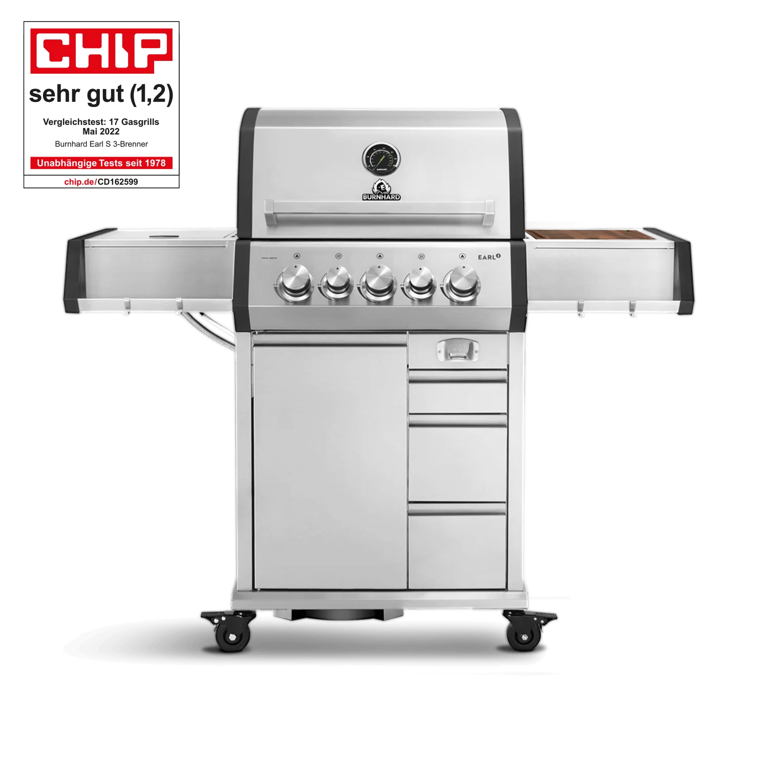 BURNHARD EARL Premium-Gasgrill 3-Brenner in der Farbe Edelstahl mit Gusseisenrost von BURNHARD