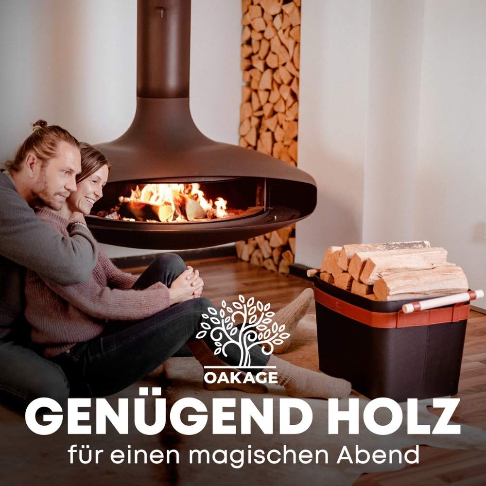 OAKAGE LuxeLeather Holzkorb Schwarz aus veganem Leder mit Buchenholzgriffen, Kaminholzkorb in Wohnzimmer-Ambiente