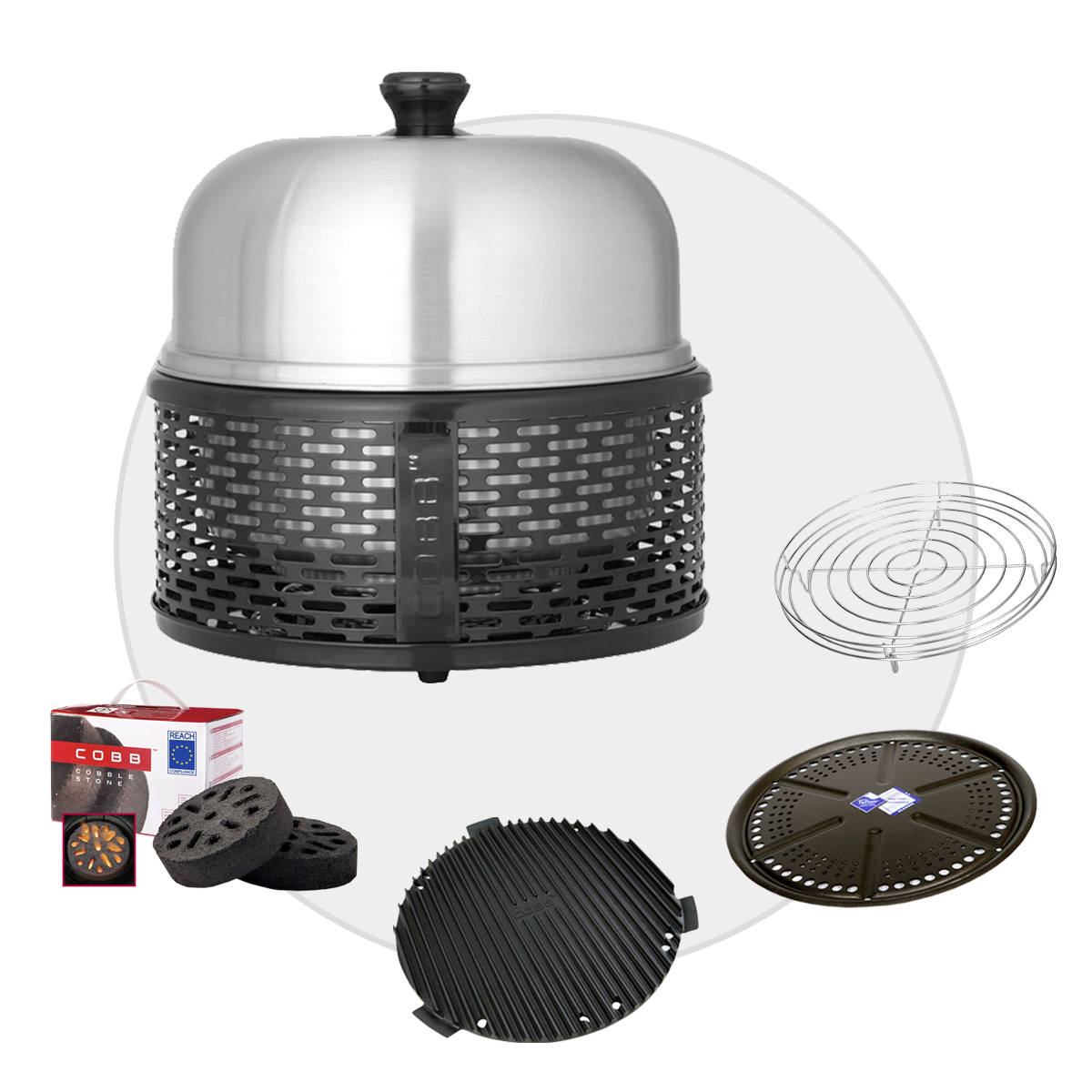 COBB PRO BLACK Holzkohle Grill inkl. Grillplatte ~ 5-teilig inkl. Cobble Stone| SET 1 von Cobb