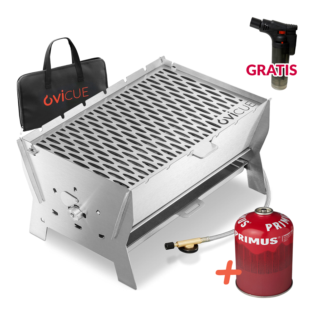 Ovicue L Kompaktgrill Set mit PRIMUS Power Gas 450 g Mobiler 2 in 1 Grill für Gas und Holzkohle