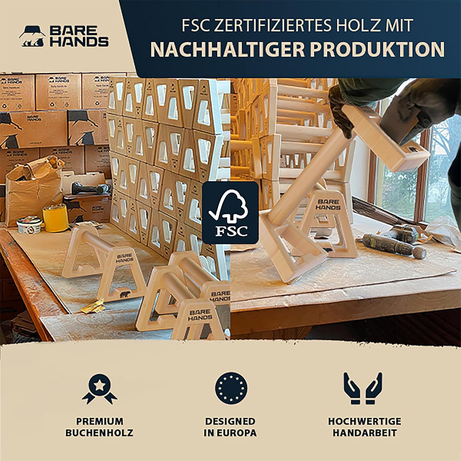 BARE HANDS Liegestützgriffe Größe M aus hellem Holz rutschfest und gelenkschonend für Calisthenics Indoor und Outdoor von Bare Hands