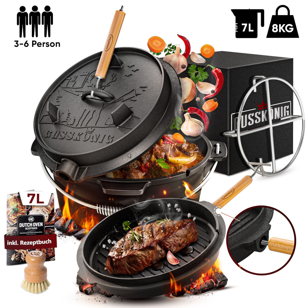 GUSSKÖNIG 7 Liter Dutch Oven Set ohne Füße mit 2in1 Deckelheber