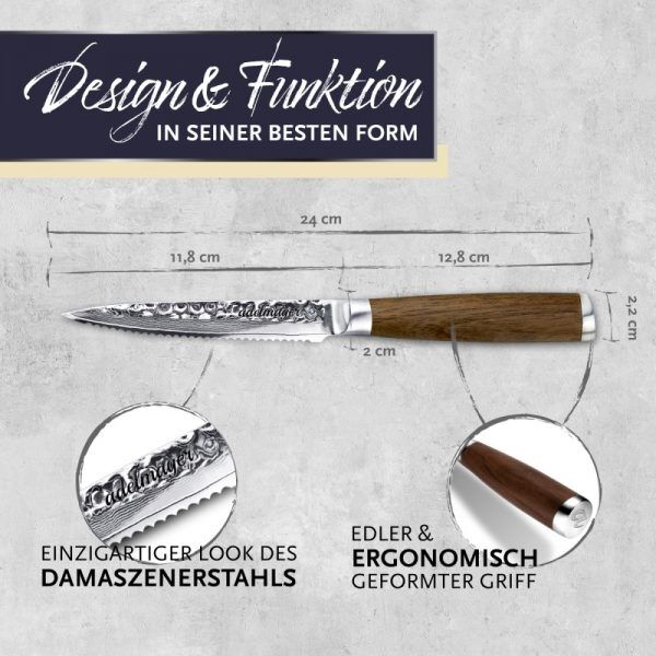 adelmayer Premium Damastmesser | 12 cm  Steakmesser | mit Walnussgriff | 2er Set