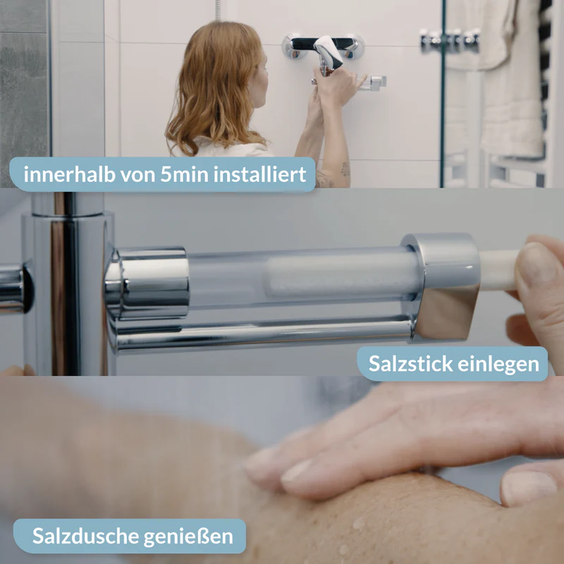 Starterset Salzdusche mit Base+ und 14 PURE Salz Sticks aus naturreinem Meersalz - Made in Germany von shower+
