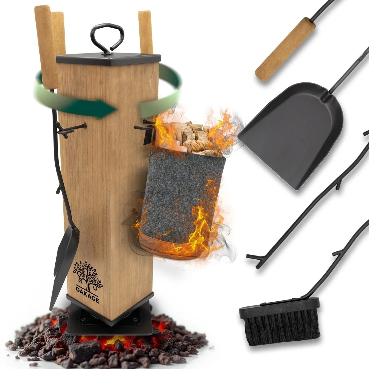 OAKAGE FireMaster Kaminbesteck 5-teilig mit Zündholzkorb Dunkelgrau und drehbarem Holzkern 20 x 20 x 58 cm