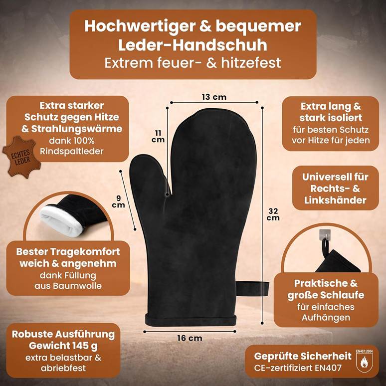 BLACK OAK Kaminhandschuh aus Rindsleder 32 x 31 cm - Grillhandschuh Ofenhandschuh schwarz von BLACK OAK