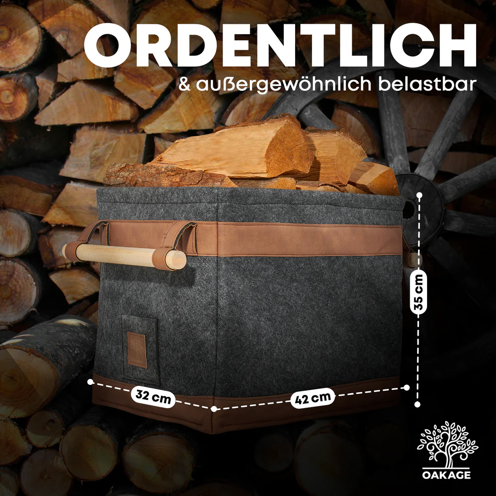 OAKAGE FireMaster Holzkorb Dunkelgrau Filz / Veganes Leder - 42x32x35cm von OAKAGE