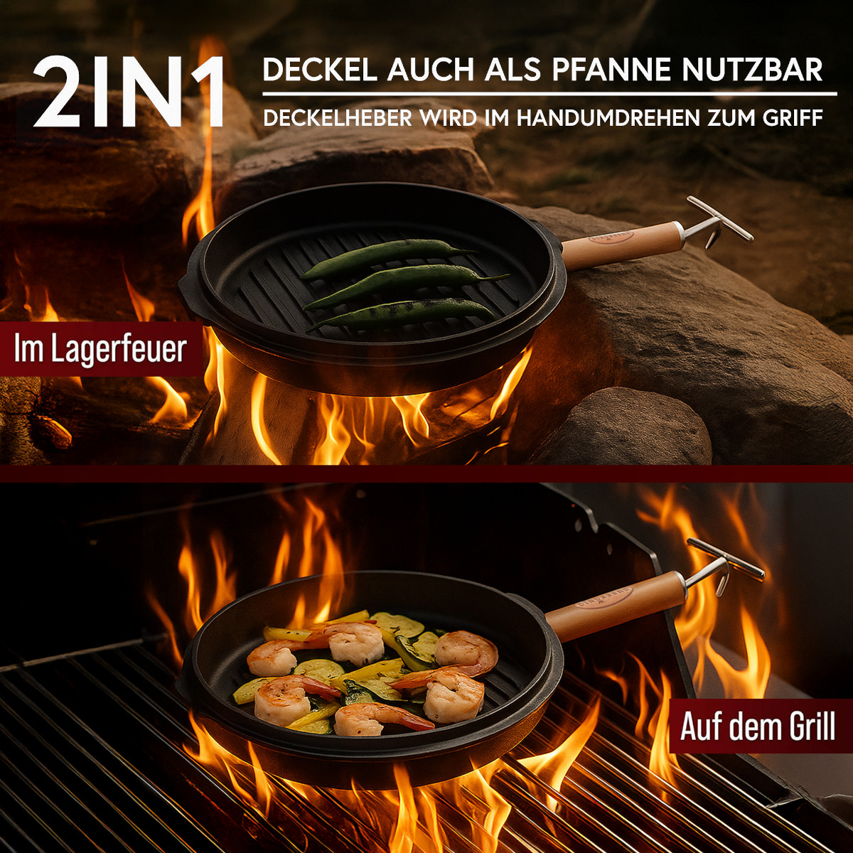 GUSSKÖNIG 4,5 Liter Dutch Oven Set mit Füßen | Eingebrannter Feuertopf | 2in1 Deckelheber | Bürste von GUSSKÖNIG
