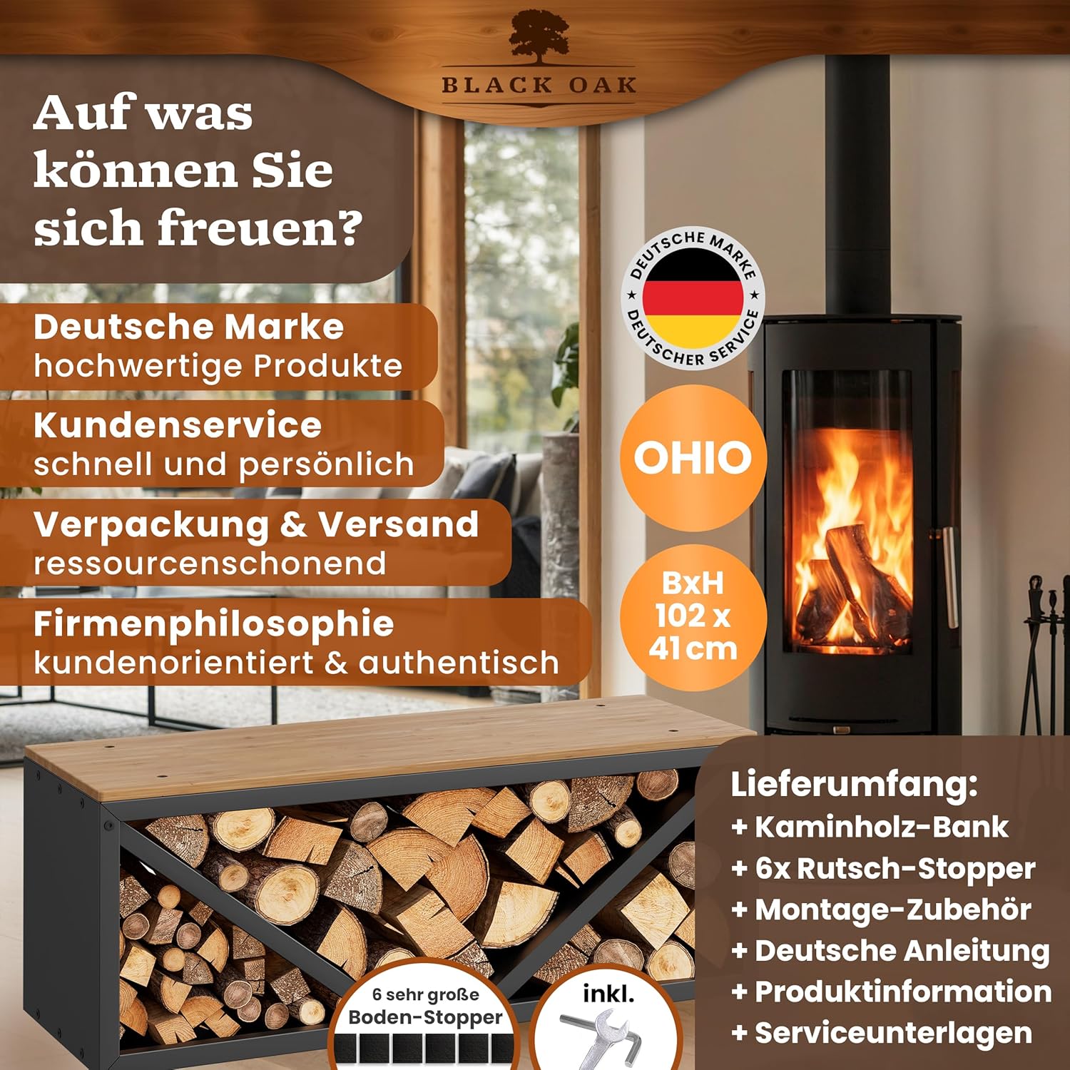 BLACK OAK Kaminholzbank Ohio schwarz matt bis 400kg - 102 × 41 × 35 cm von BLACK OAK