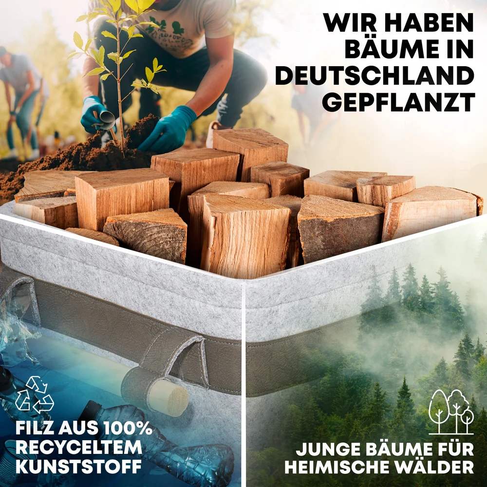 OAKAGE FireMaster Holzkorb Dunkelgrau aus recyceltem Filz mit Buchenholzgriffen - 35x42x35cm von OAKAGE