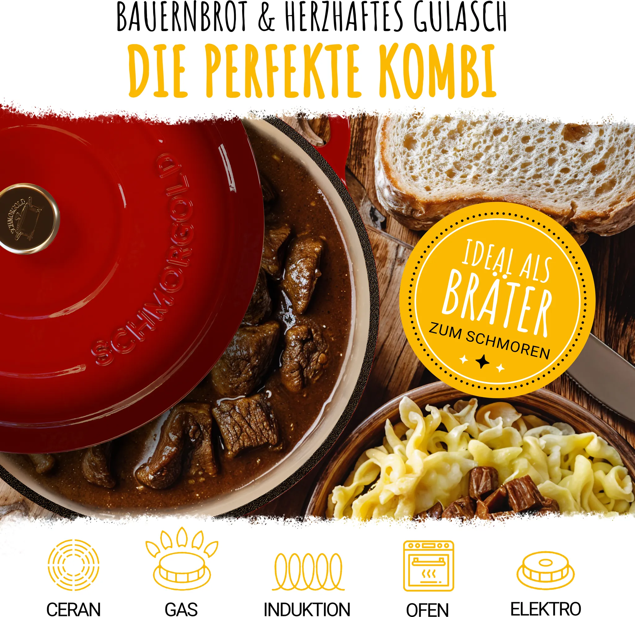 SCHMORGOLD Brotbacktopf & Schmortopf aus emailliertem Gusseisen & Gärkorb - 26 cm von SCHMORGOLD