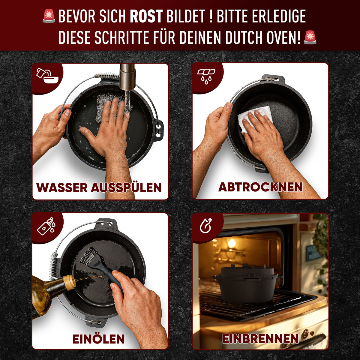 GUSSKÖNIG 4,5 Liter Dutch Oven Set mit Füßen | Eingebrannter Feuertopf | 2in1 Deckelheber | Bürste von GUSSKÖNIG