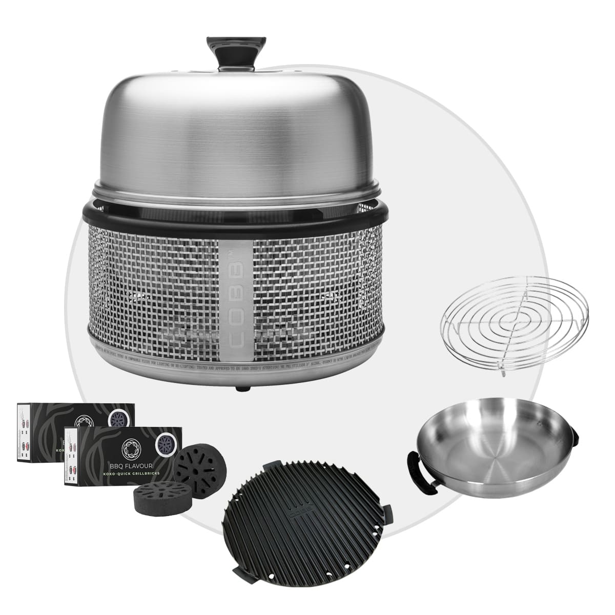 COBB Premier AIR DELUXE Grill inkl. Air Deckel & Griddle & Bratenrost & WOK & BBQ Flavour Quick Koko Briketts