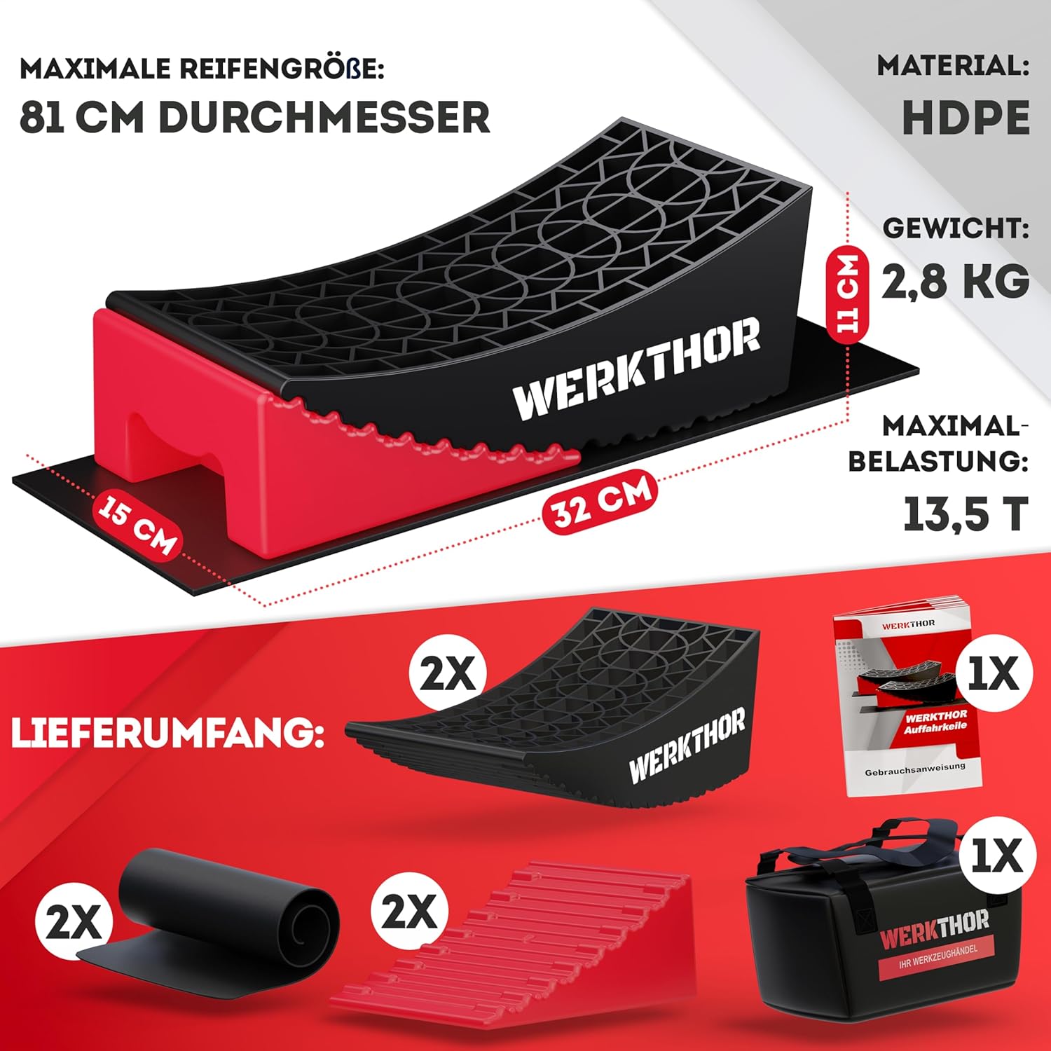 WERKTHOR Auffahrkeile 2er Set Schwarz / Rot | Wohnmobil & Wohnwagen & VAN & Anhänger von WERKTHOR