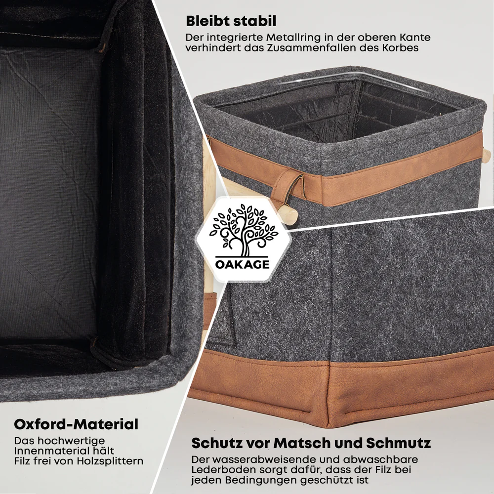 OAKAGE FireMaster Duo Holzkorb Dunkelgrau Filz / Veganes Leder - Einhängbarer Zündholzkorb - 42x32x35cm von OAKAGE