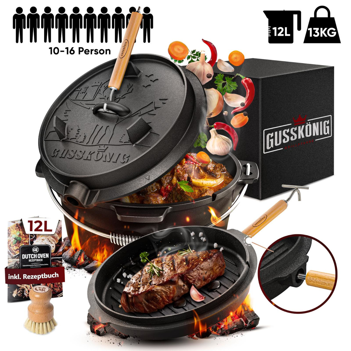 GUSSKÖNIG 12 Liter Dutch Oven Set mit Füßen mit 2in1 Deckelheber