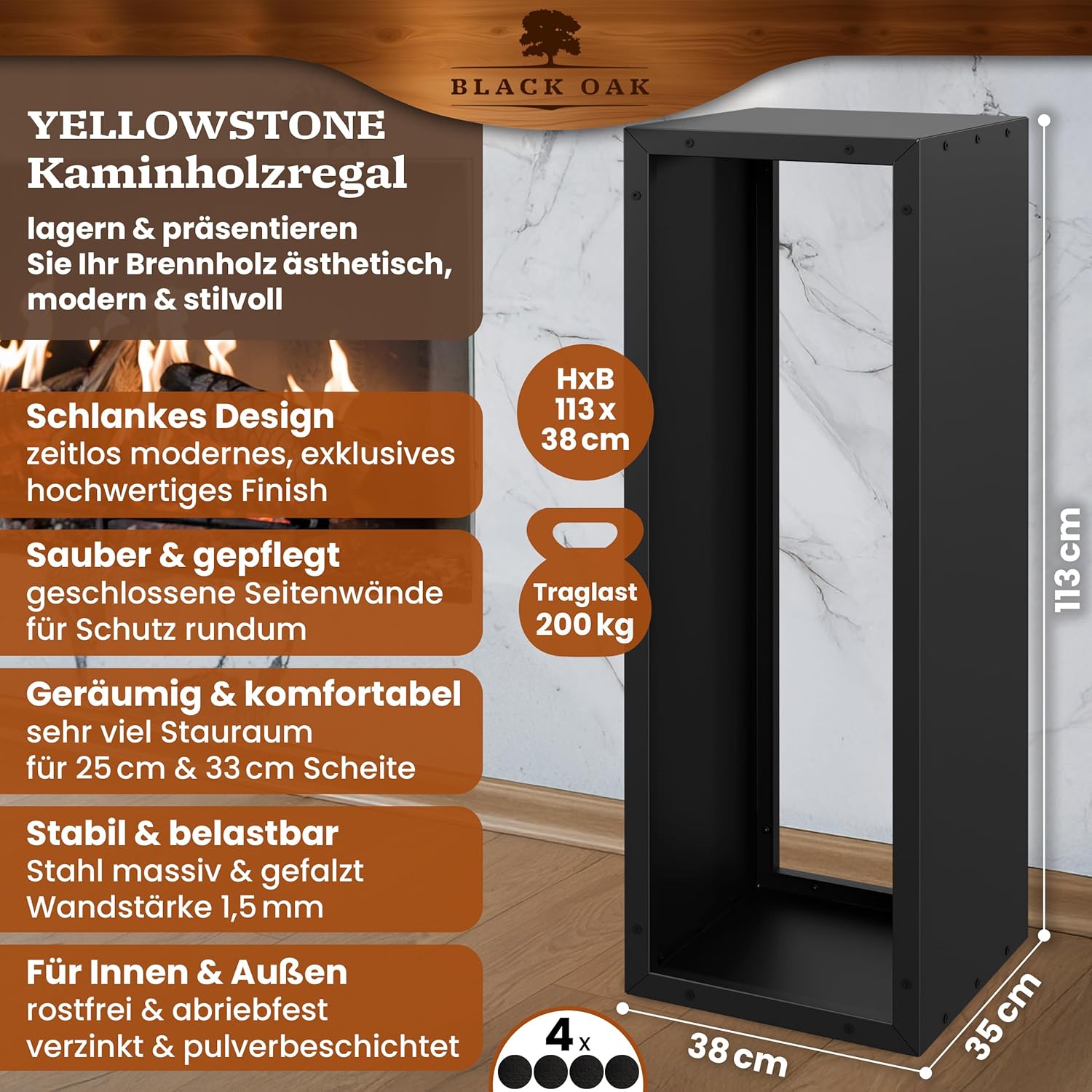 BLACK OAK Kaminholzregal Yellowstone schwarz matt bis 200kg - 113 × 38 × 35 cm von BLACK OAK
