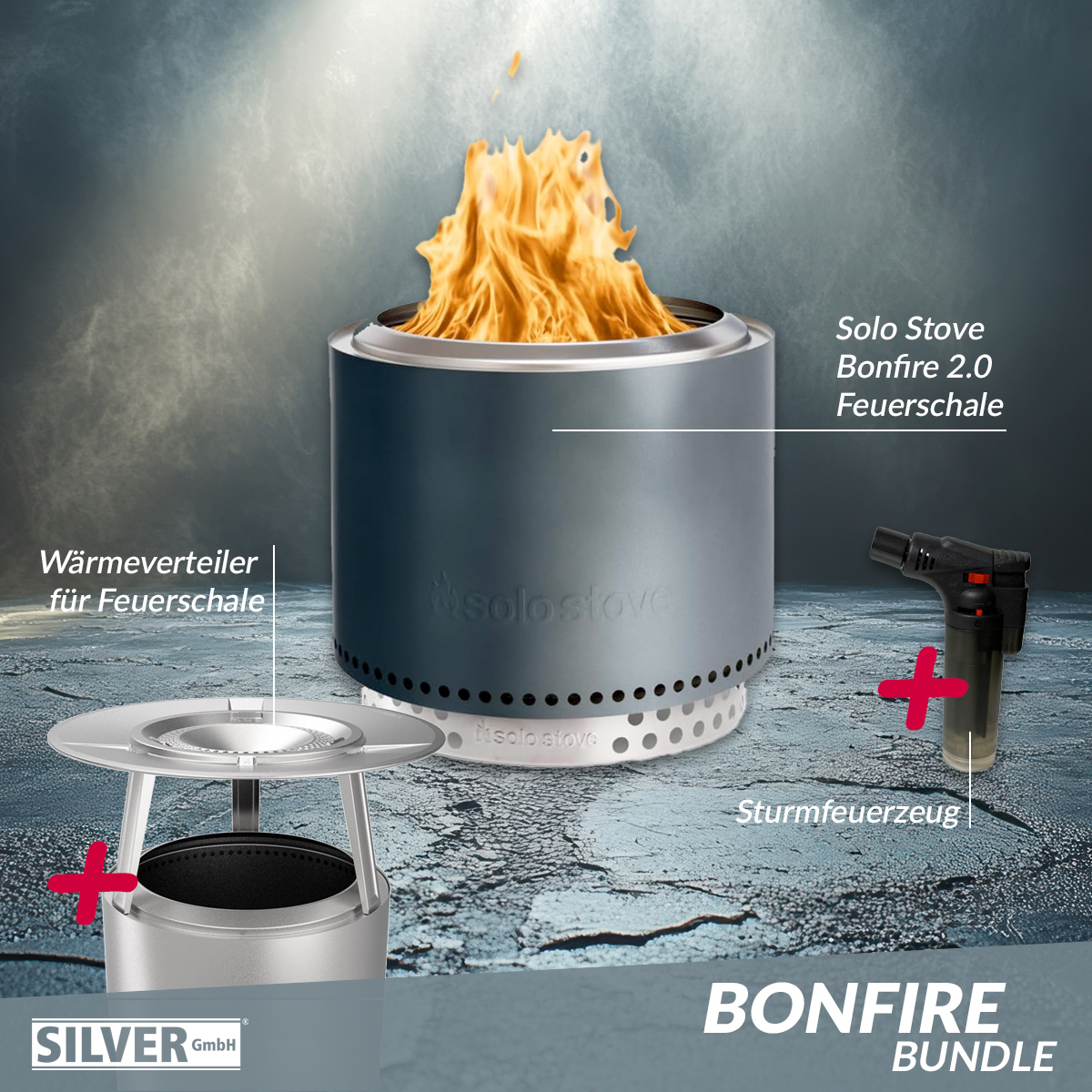 Solo Stove BONFIRE 2.0 Gunmetal Metallic Bundle inkl. Edelstahl Wärmeverteiler + Standfuß + Tragetasche + Sturmfeuerzeug
