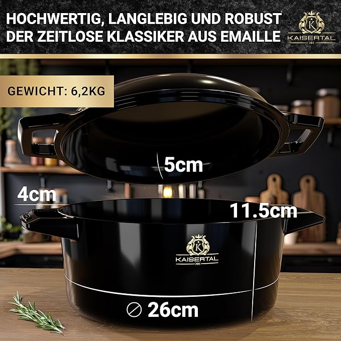 KAISERTAL Emaillierter Gusseisen Topf - 2-in-1 Schmortopf 26 cm mit Deckel 6,4 Liter von KAISERTAL