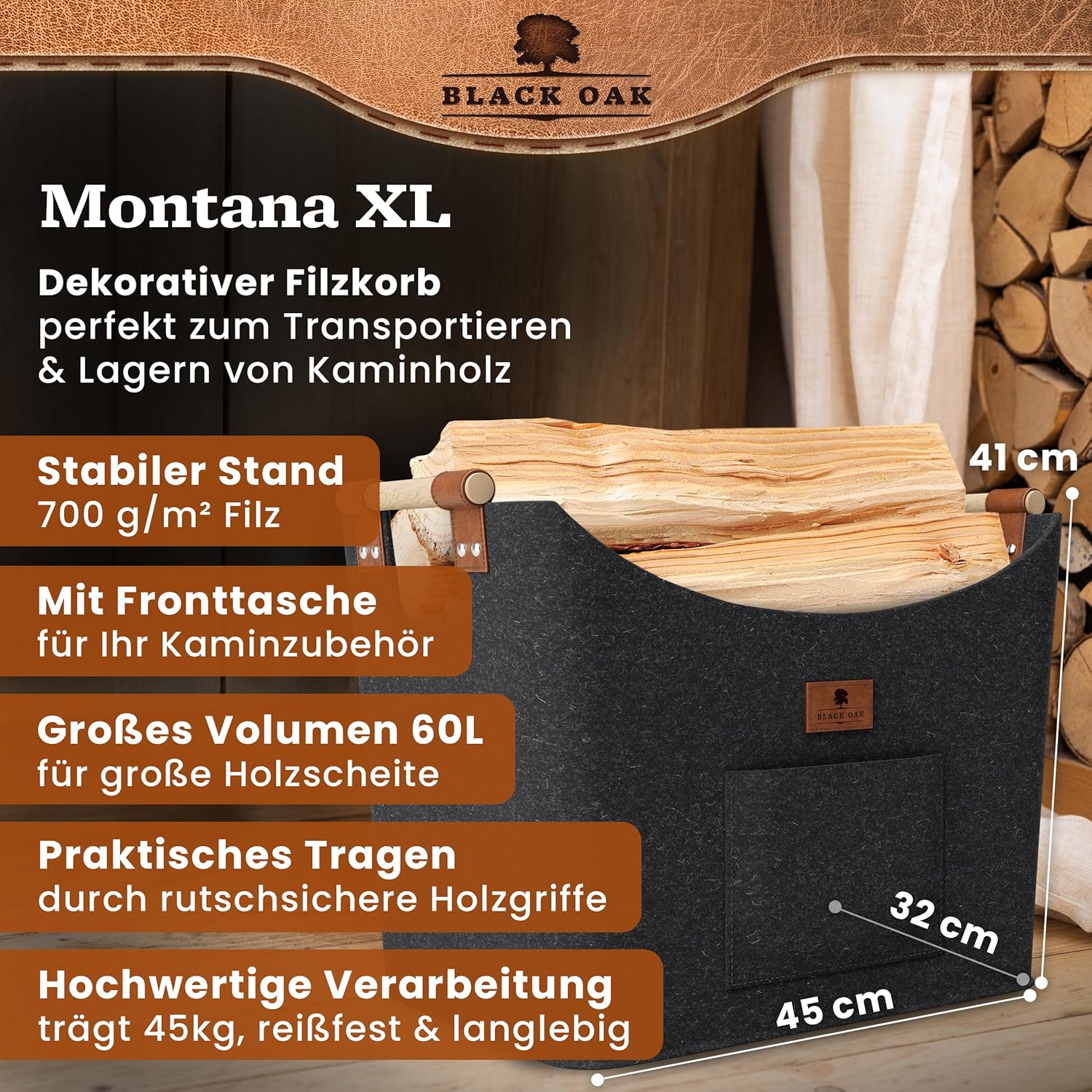 BLACK OAK Montana XL 60L Holzkorb aus Filz dunkelgrau von BLACK OAK