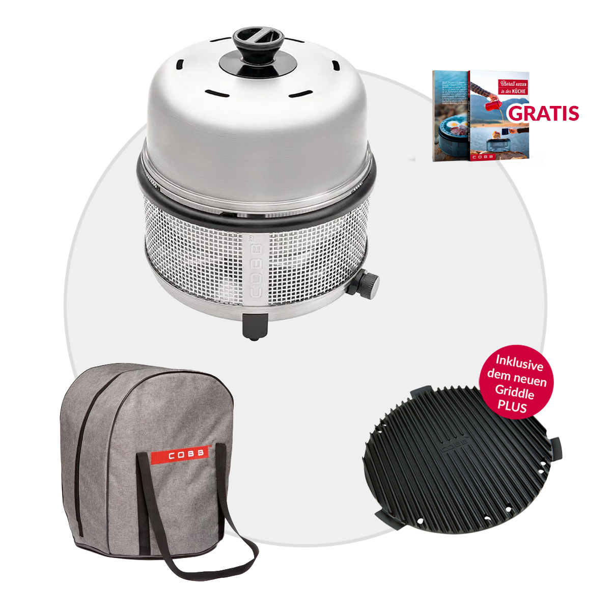COBB 30 mbar Premier+ Gas DELUXE 3-teilig mit Griddle PLUS und Transporttasche Grau von Cobb