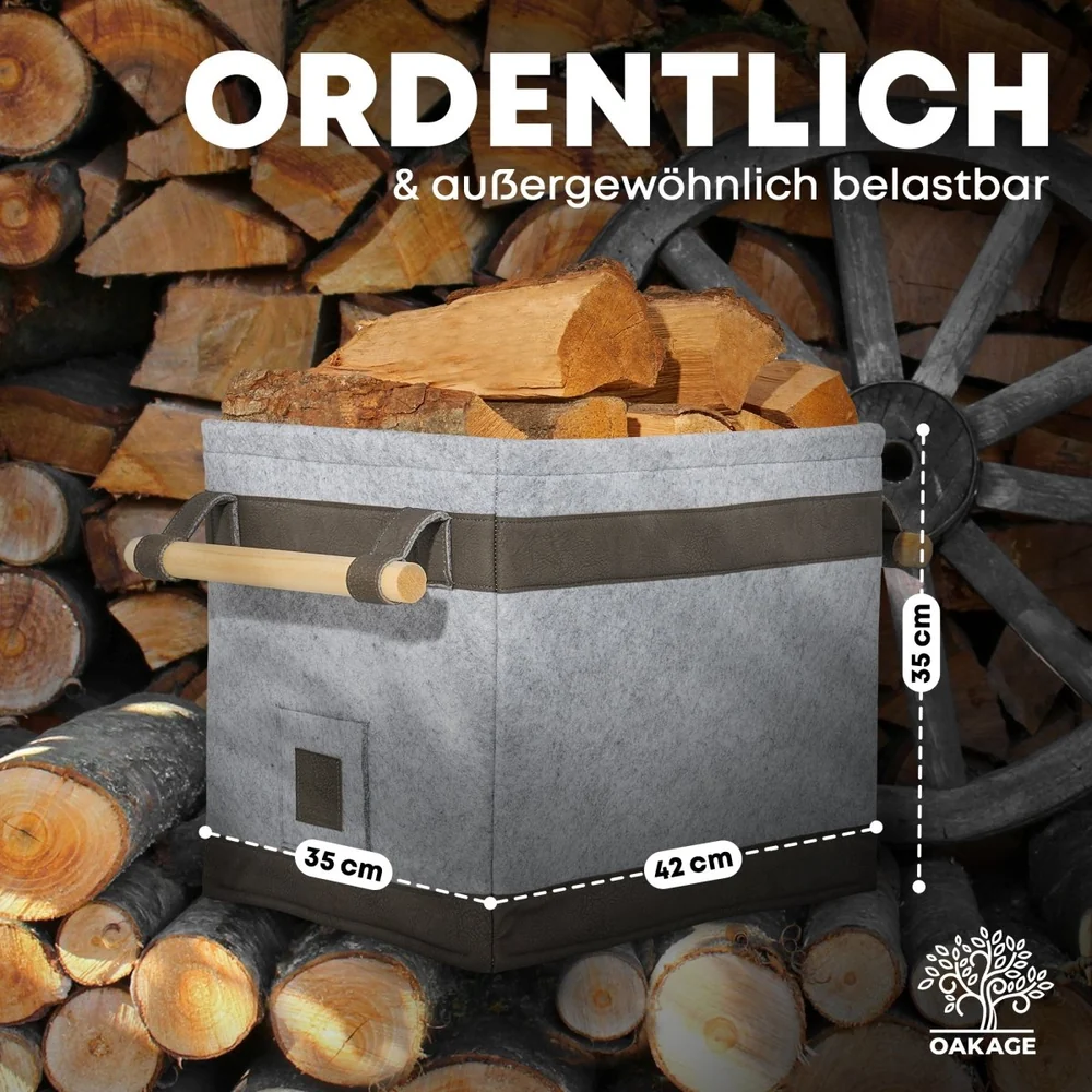 OAKAGE FireMaster Holzkorb Dunkelgrau aus recyceltem Filz mit Buchenholzgriffen - 35x42x35cm von OAKAGE