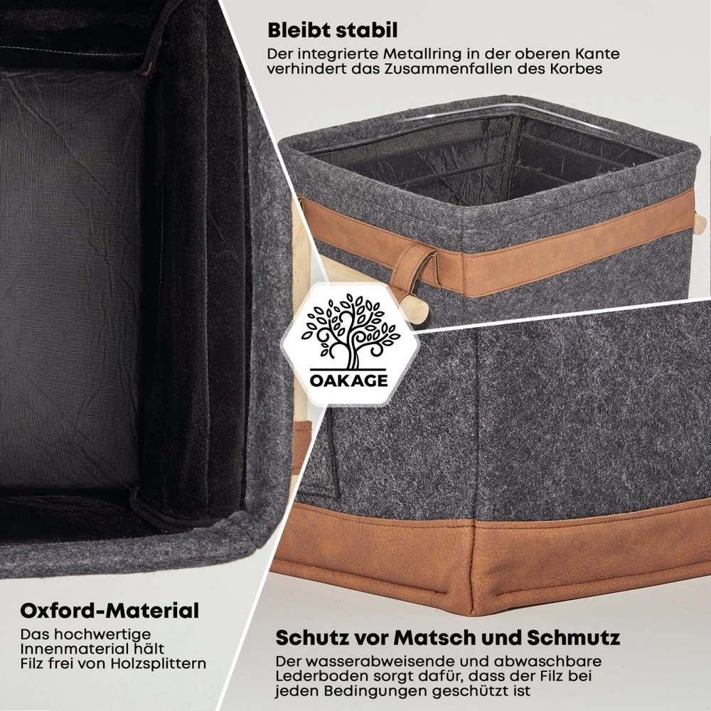 OAKAGE FireMaster Holzkorb Dunkelgrau aus recyceltem Filz mit Buchenholzgriffen - 35x42x35cm