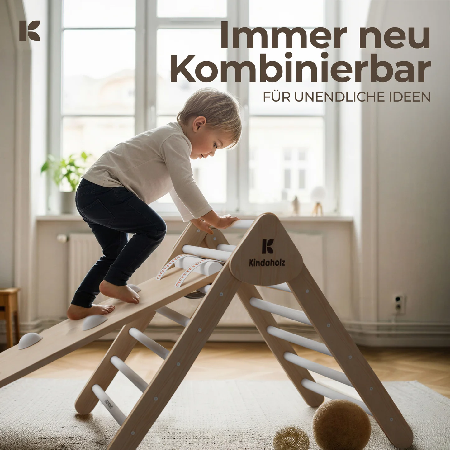 Kindaholz SAMI Kletterdreieck mit NINA Kletterbogen und MIKA Rutschrampe Weiß Indoor Kletterset aus FSC Holz von Kindaholz