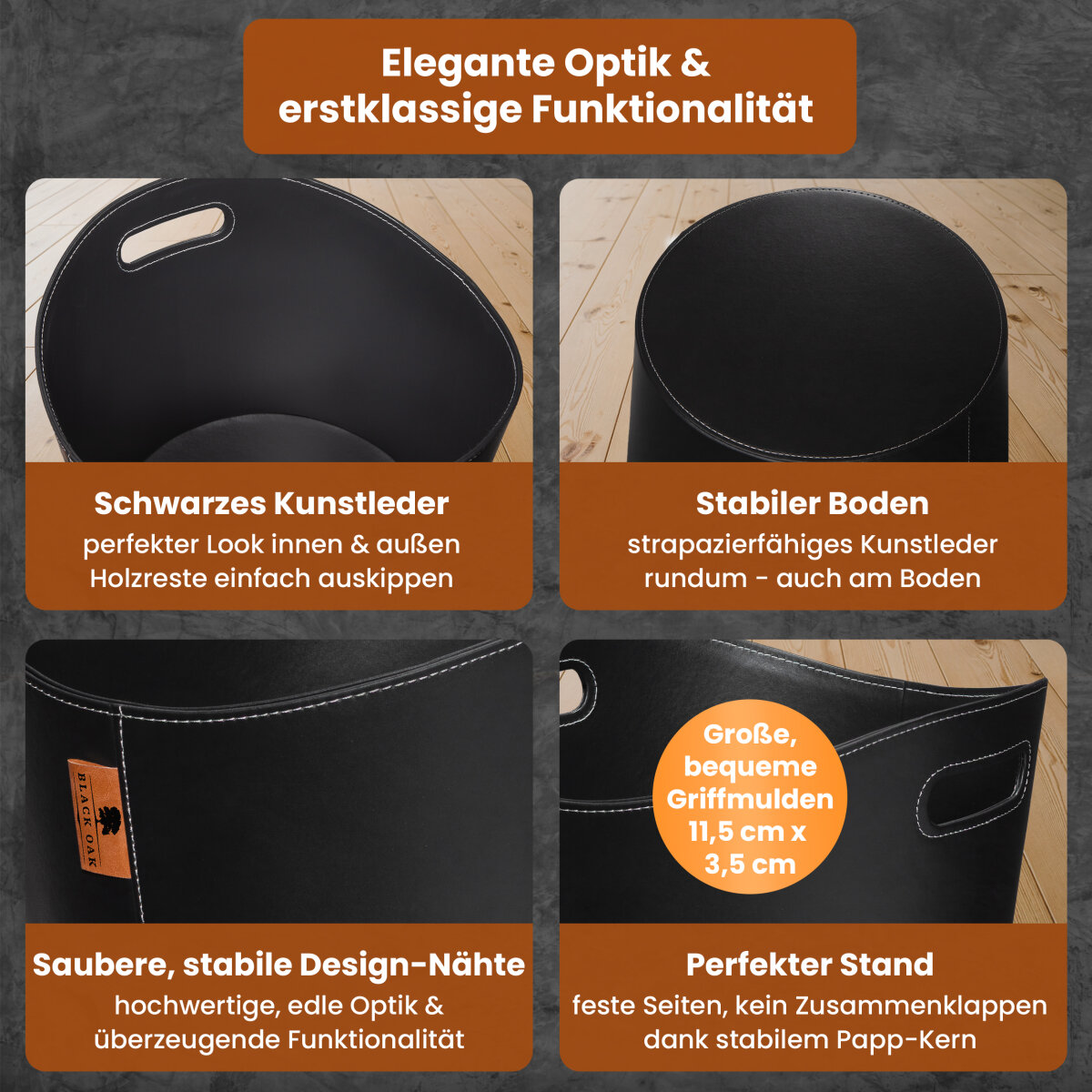 BLACK OAK DAKOTA L 40L Holzkorb Kunstleder schwarz + Handschuhe grau