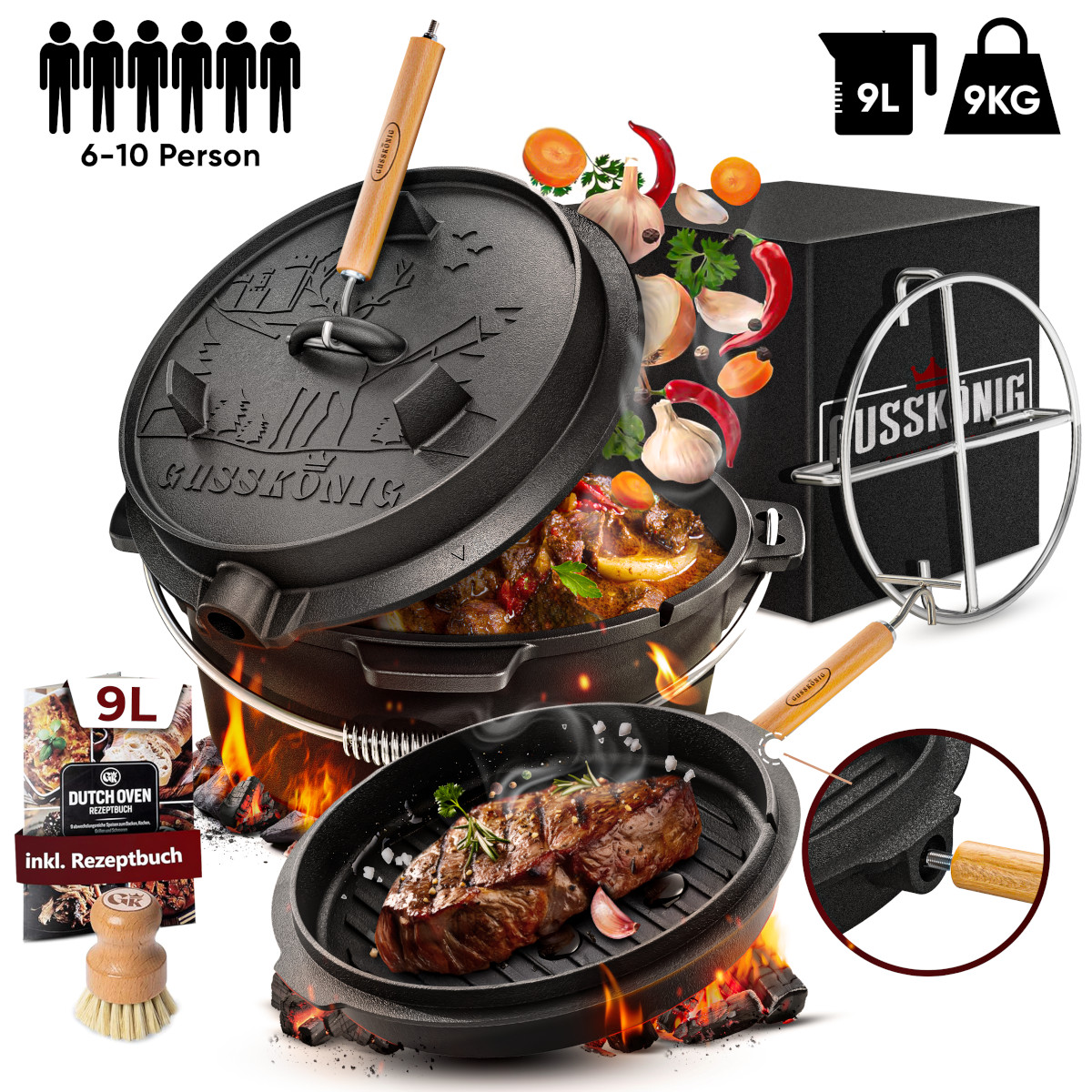 GUSSKÖNIG 9 Liter Dutch Oven Set ohne Füße mit 2in1 Deckelheber