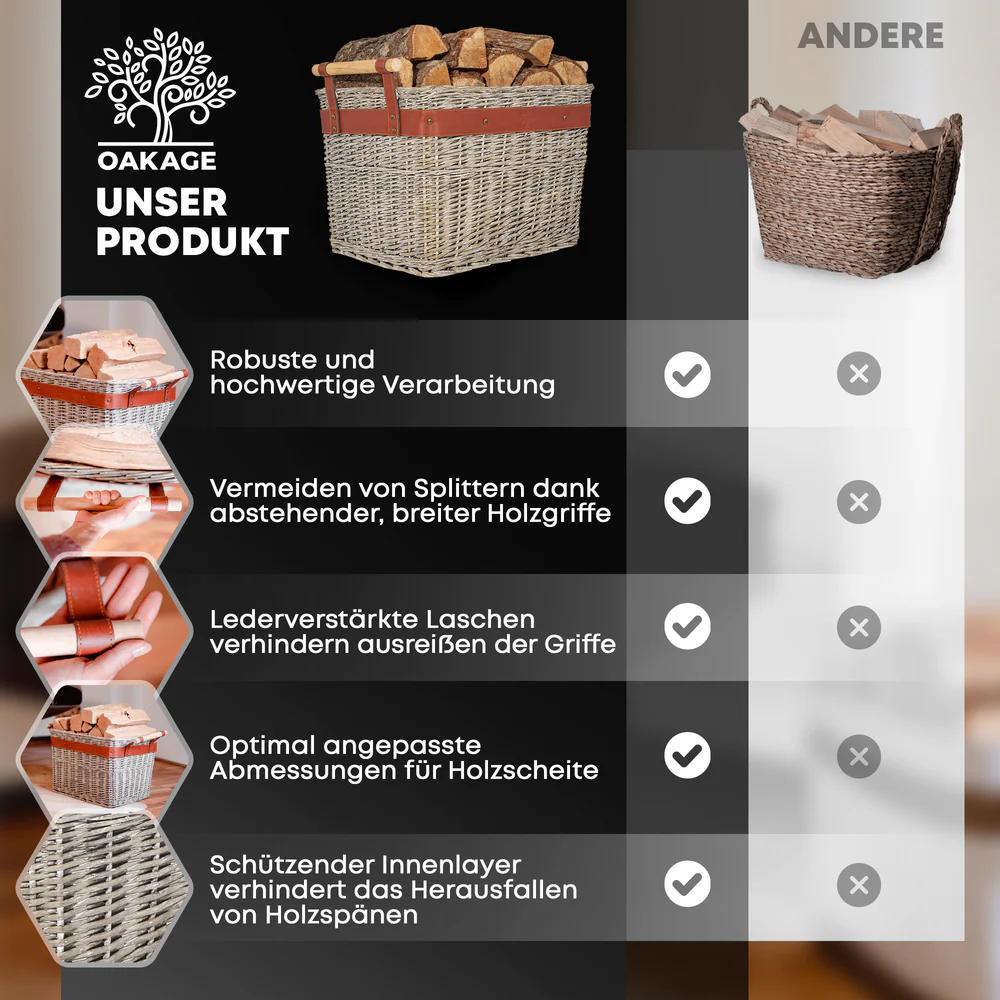 OAKAGE WillowWrap Holzkorb Weide - mit ausreißsicheren Holzgriffen - 50x40x35cm von OAKAGE