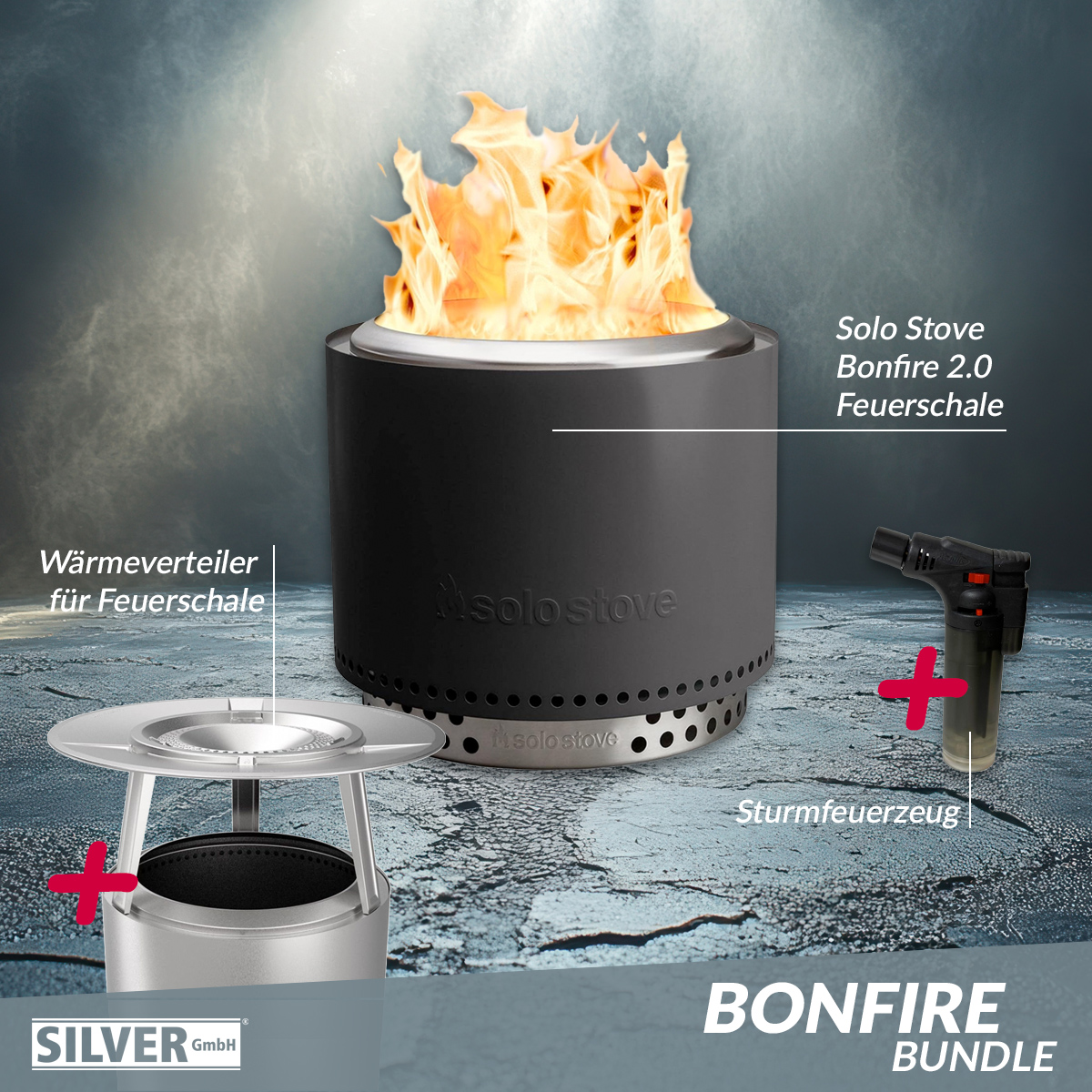 Solo Stove BONFIRE 2.0 Ash Ø 49,5 cm Bundle inkl. Edelstahl Wärmeverteiler + Standfuß + Tragetasche + Sturmfeuerzeug von Solo Stove