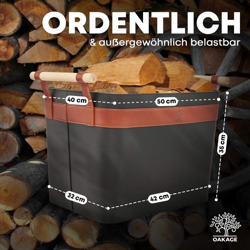 OAKAGE LuxeLeather Holzkorb Schwarz aus veganem Leder mit Buchenholzgriffen, Maßzeichnung mit Abmessungen