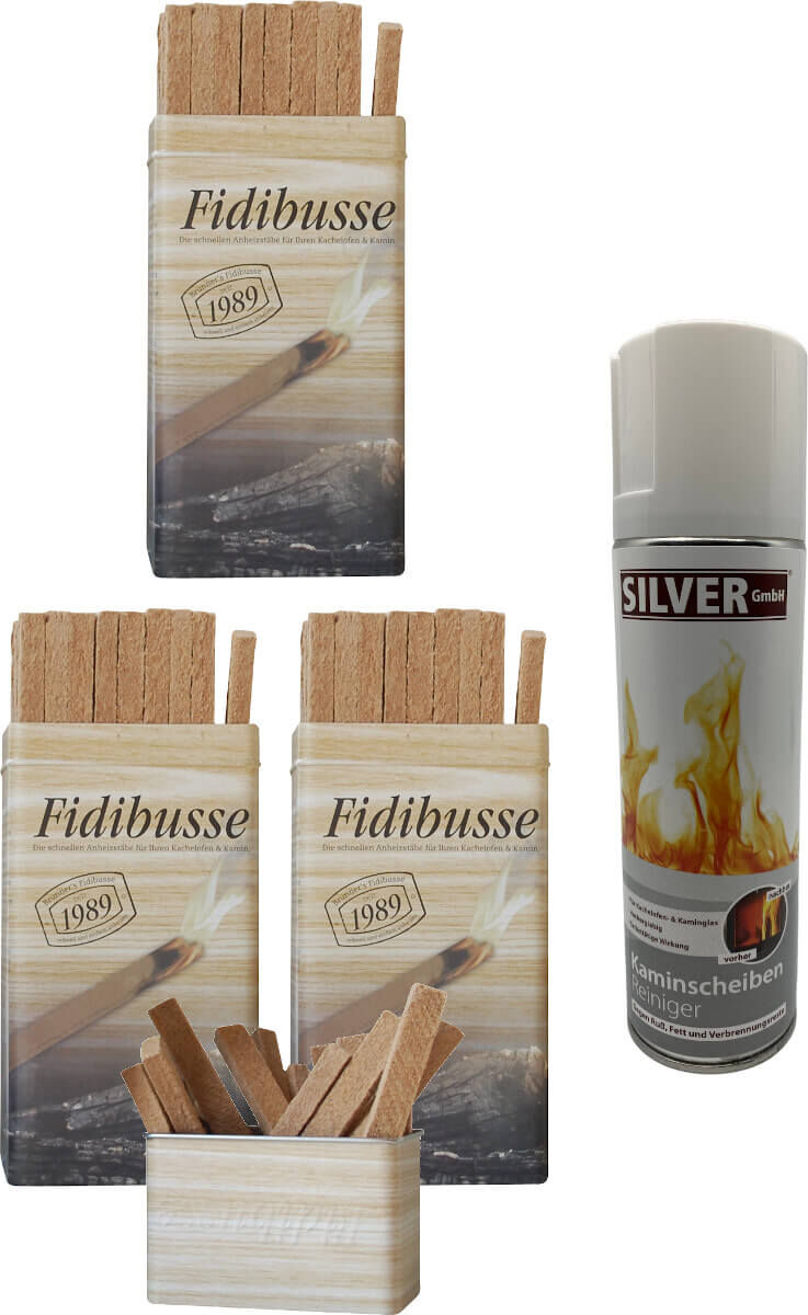 3x Brunner Fidibusse Blechdose ~ 150 Anzünder + 1x SILVER GmbH Kaminscheiben - Reiniger 300 ml von Brunner