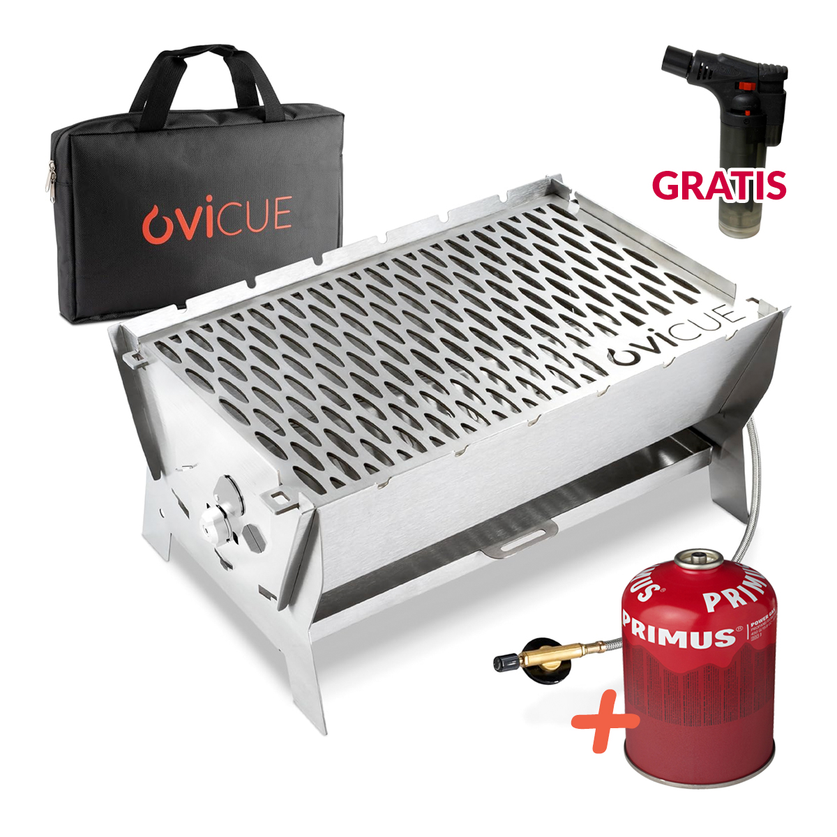Ovicue L Kompaktgrill Set mit PRIMUS Power Gas 450 g Mobiler 2 in 1 Grill für Gas und Holzkohle