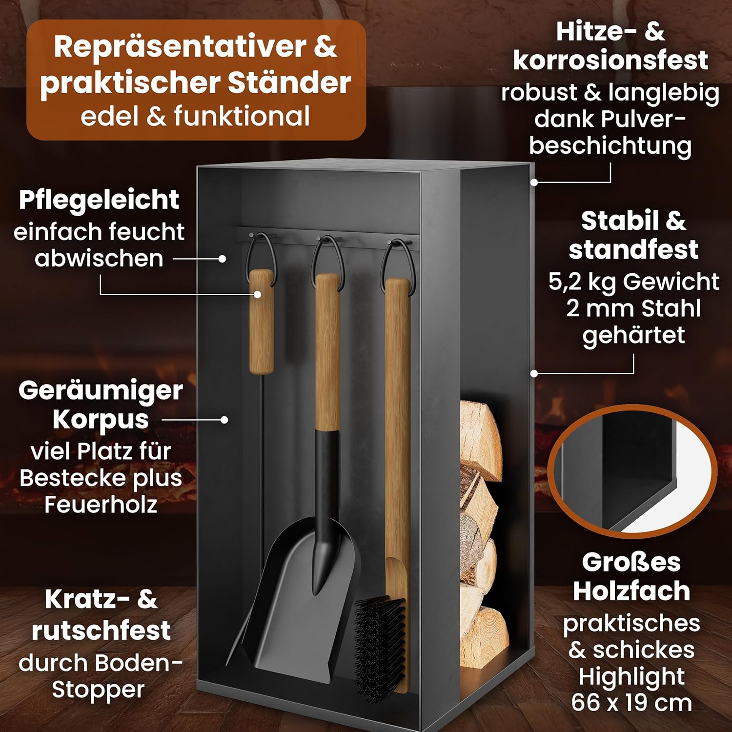 BLACK OAK Kaminbesteck Aspen 4-teilig schwarz mit Holzgriffen | SG10587
